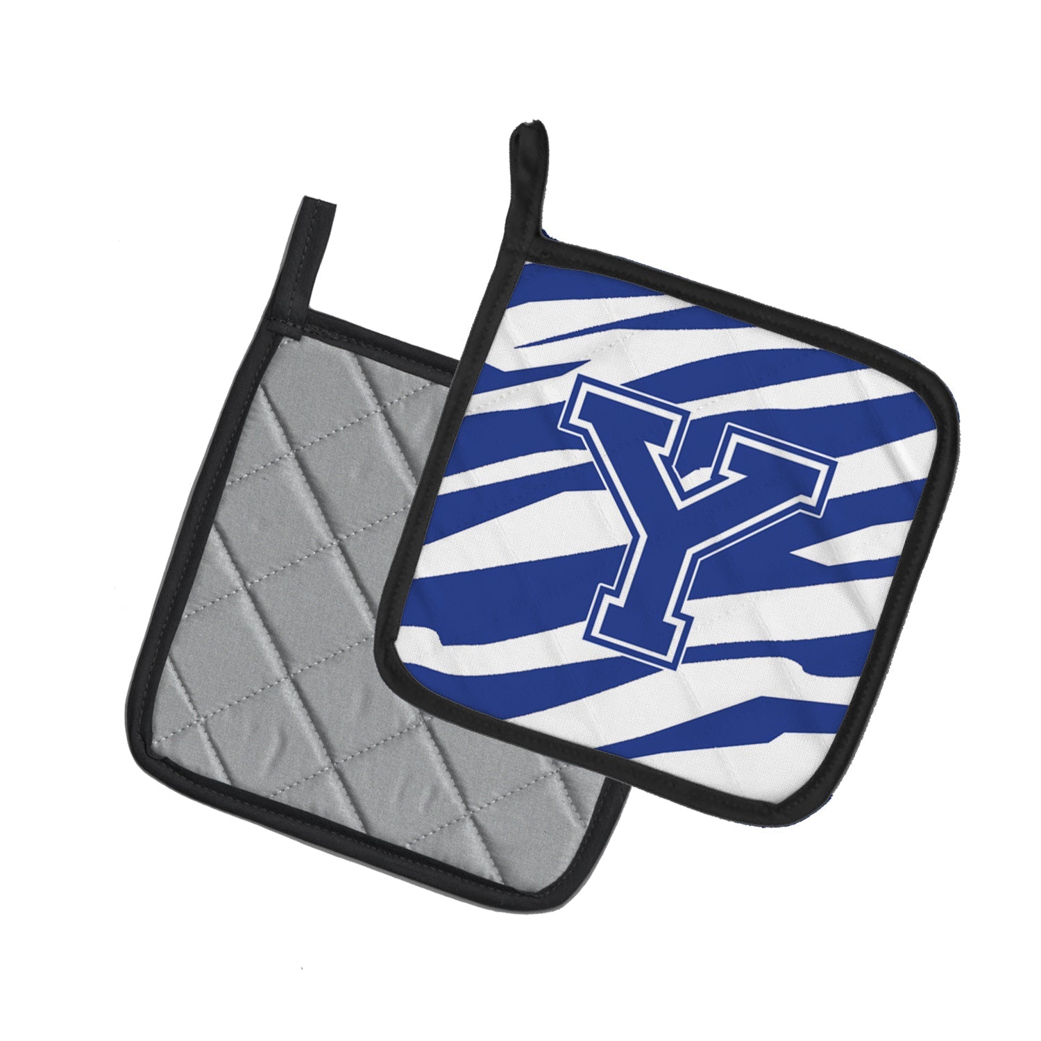 Letter Y Initial Tiger Stripe Blue and White Pot Holder Set of 2 Heat Resistant Quilted Hot Pads 7.5 x 7.5 Inch, Insulated Kitchen Trivets for Cooking & Baking