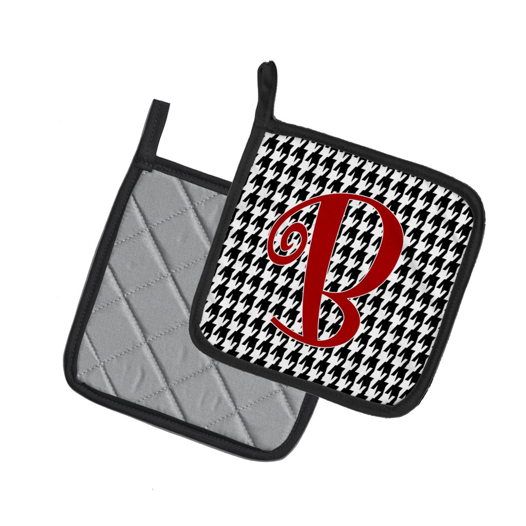 Letter B Initial Monogram - Houndstooth Black Pot Holder Set of 2 Heat Resistant Quilted Hot Pads 7.5 x 7.5 Inch, Insulated Kitchen Trivets for Cooking & Baking