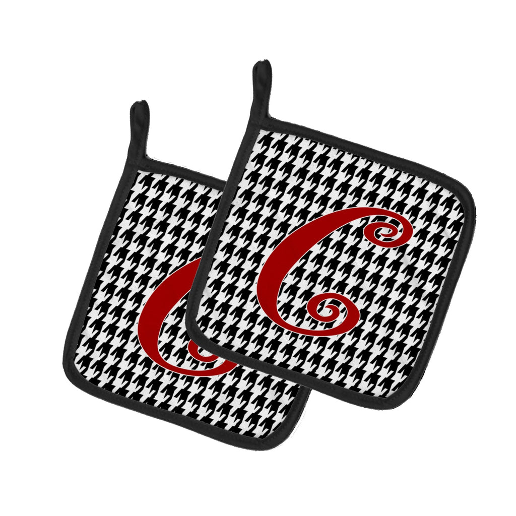 Letter C Initial Monogram - Houndstooth Black Pot Holder Set of 2 Heat Resistant Quilted Hot Pads 7.5 x 7.5 Inch, Insulated Kitchen Trivets for Cooking & Baking