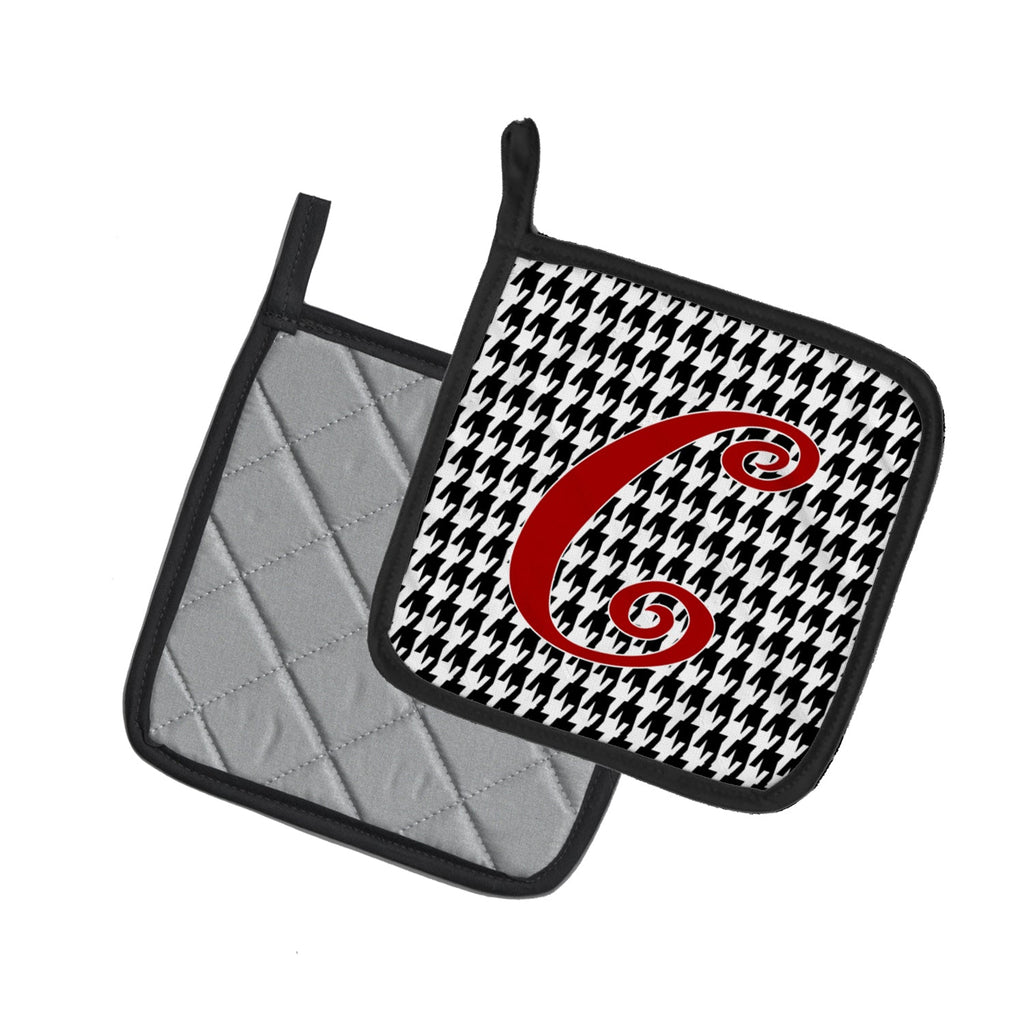 Letter C Initial Monogram - Houndstooth Black Pot Holder Set of 2 Heat Resistant Quilted Hot Pads 7.5 x 7.5 Inch, Insulated Kitchen Trivets for Cooking & Baking