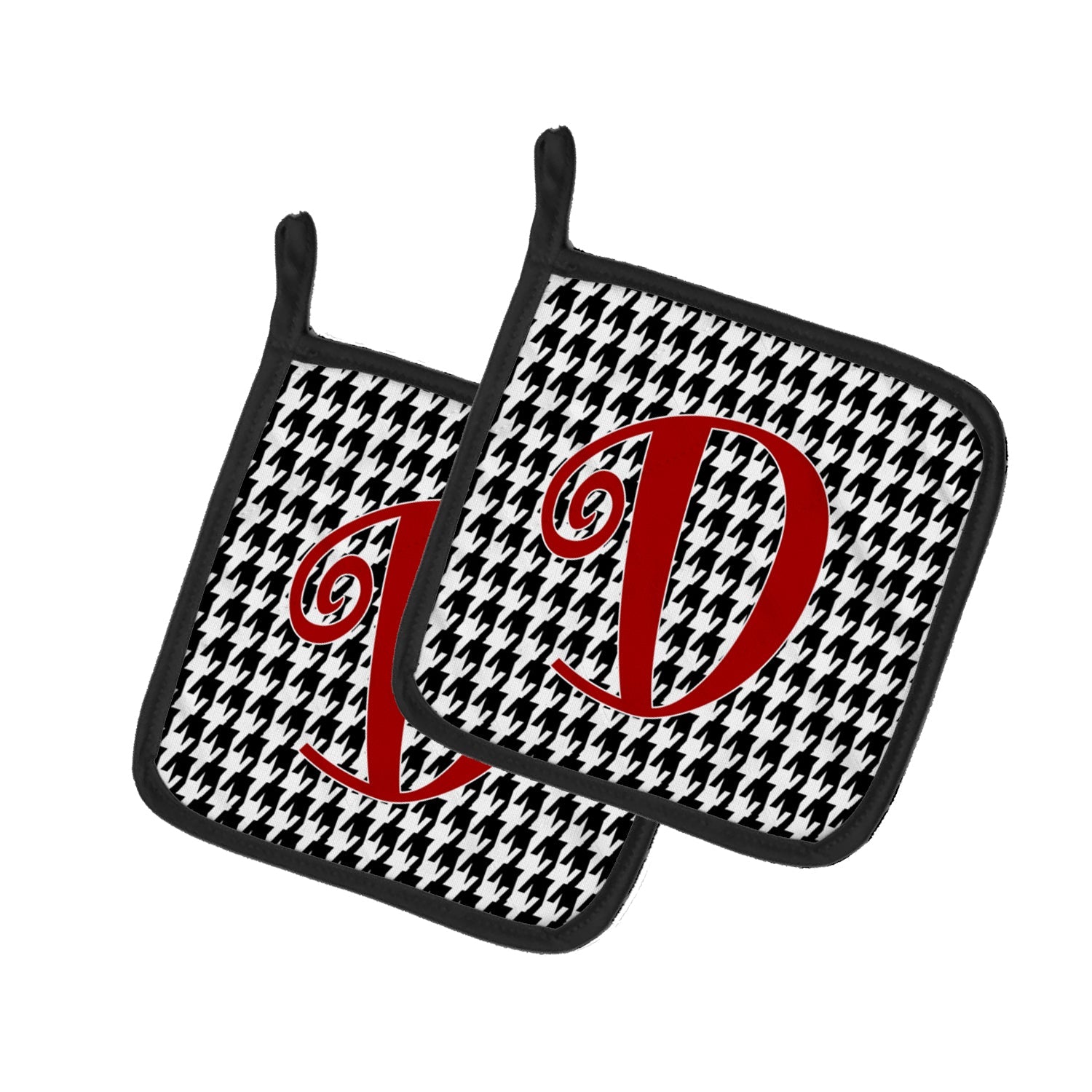 Letter D Initial Monogram - Houndstooth Black Pot Holder Set of 2 Heat Resistant Quilted Hot Pads 7.5 x 7.5 Inch, Insulated Kitchen Trivets for Cooking & Baking