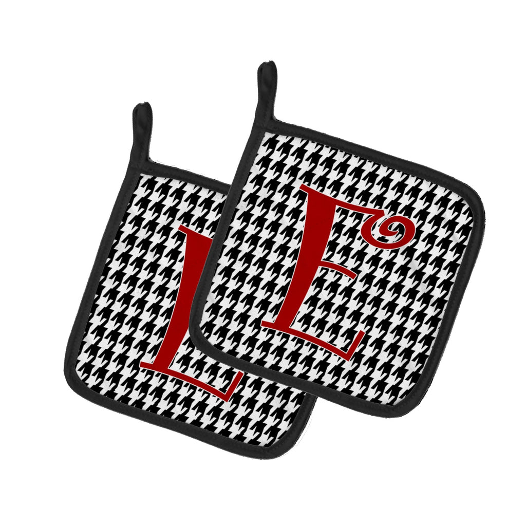 Letter E Initial Monogram - Houndstooth Black Pot Holder Set of 2 Heat Resistant Quilted Hot Pads 7.5 x 7.5 Inch, Insulated Kitchen Trivets for Cooking & Baking