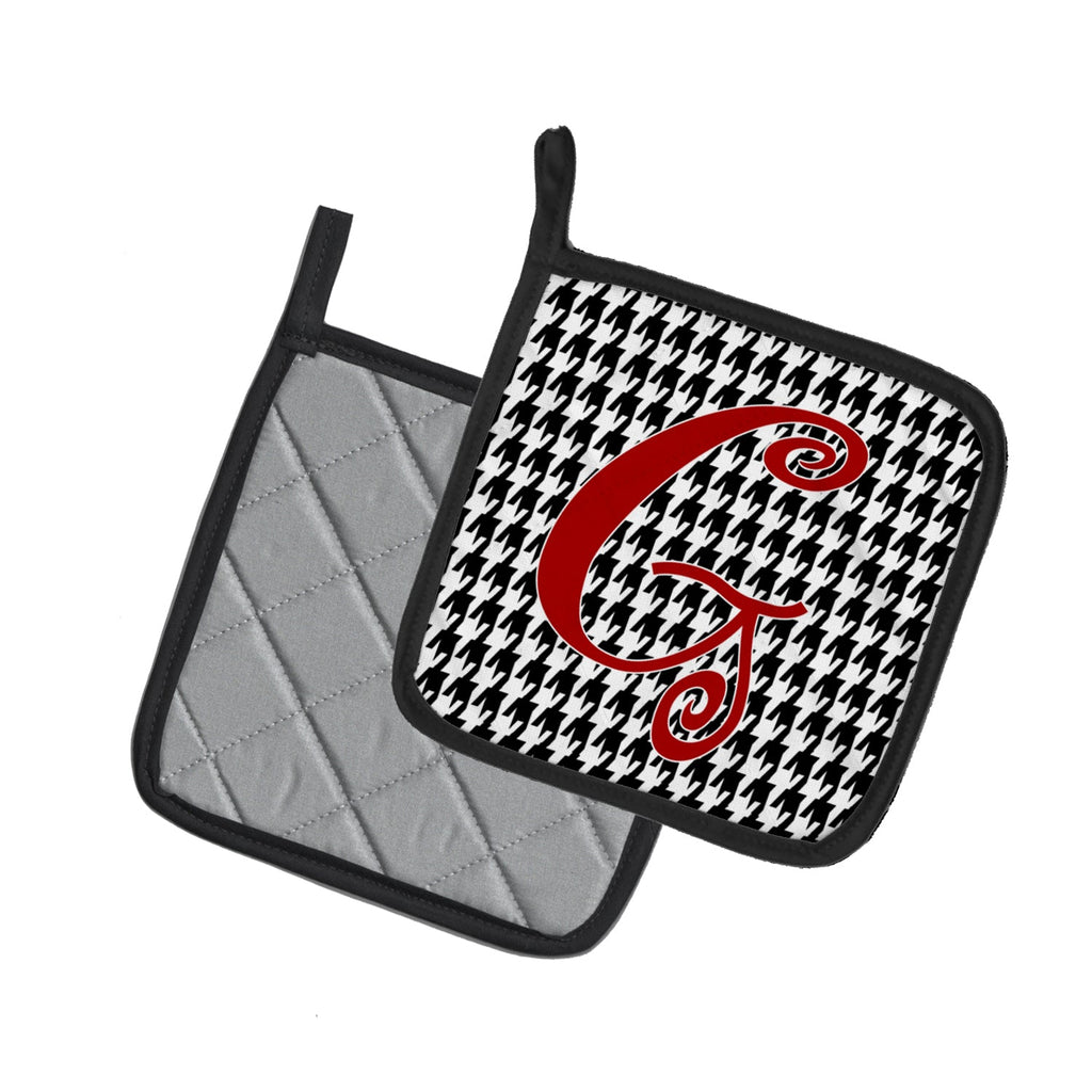 Letter G Initial Monogram - Houndstooth Black Pot Holder Set of 2 Heat Resistant Quilted Hot Pads 7.5 x 7.5 Inch, Insulated Kitchen Trivets for Cooking & Baking