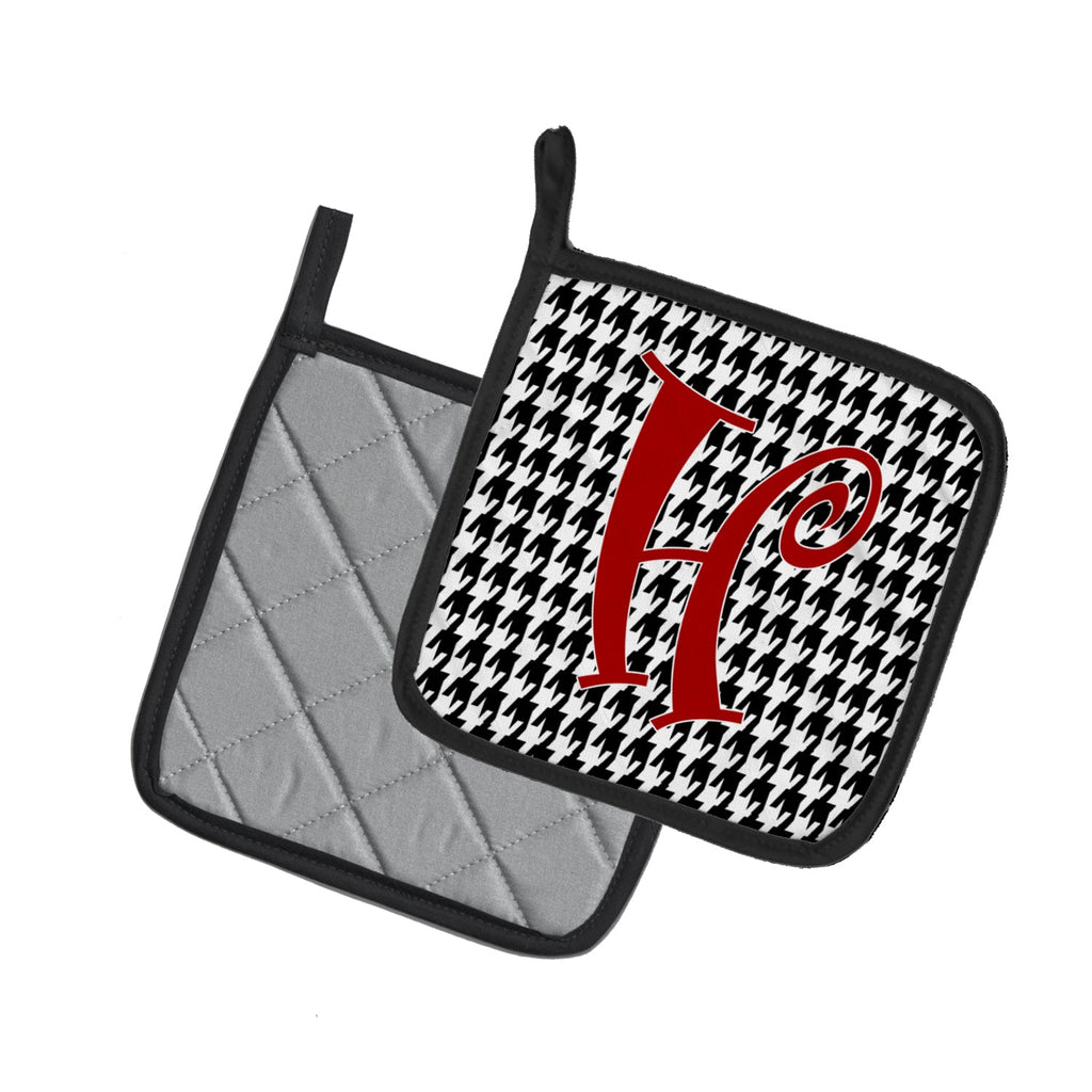 Letter H Initial Monogram - Houndstooth Black Pot Holder Set of 2 Heat Resistant Quilted Hot Pads 7.5 x 7.5 Inch, Insulated Kitchen Trivets for Cooking & Baking