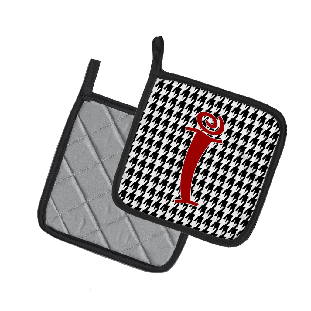 Letter I Initial Monogram - Houndstooth Black Pot Holder Set of 2 Heat Resistant Quilted Hot Pads 7.5 x 7.5 Inch, Insulated Kitchen Trivets for Cooking & Baking