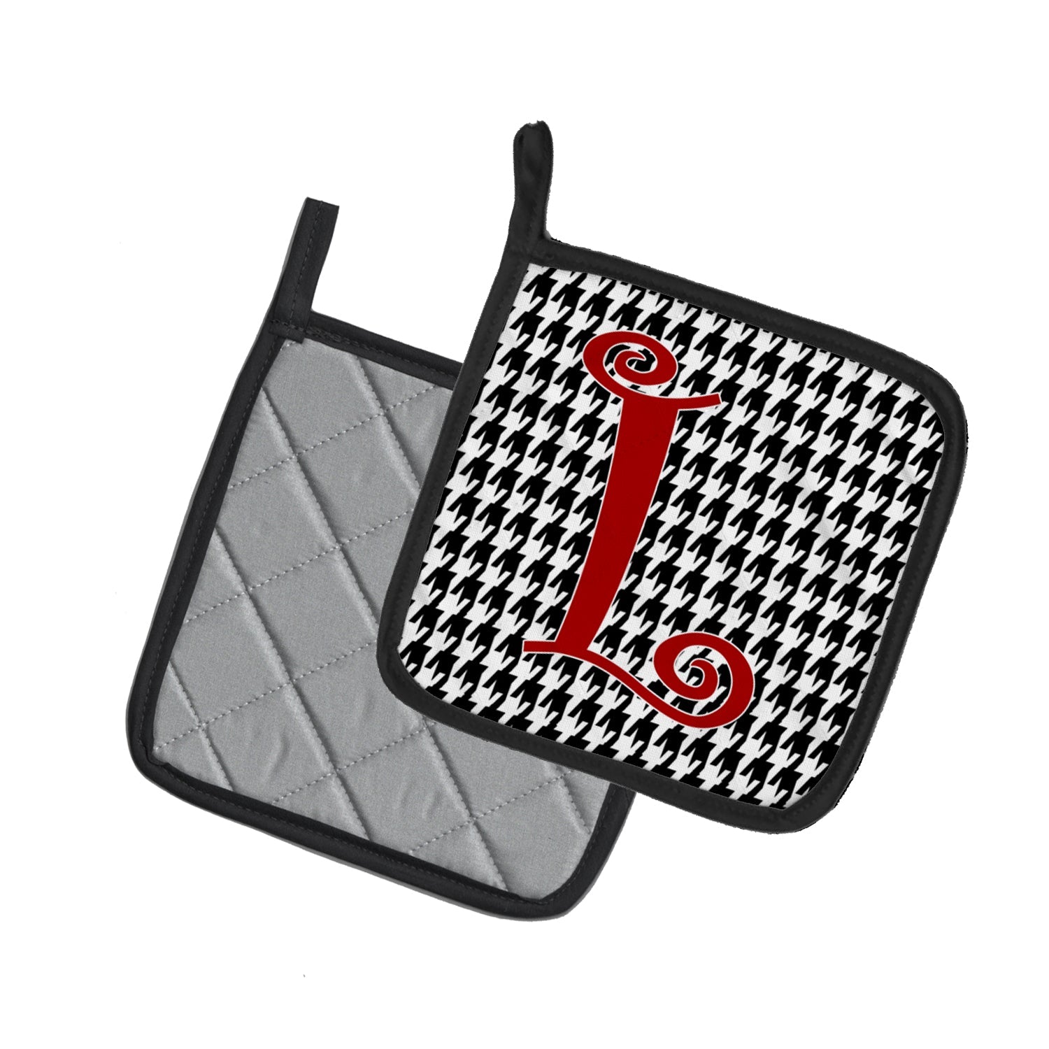 Letter L Initial Monogram - Houndstooth Black Pot Holder Set of 2 Heat Resistant Quilted Hot Pads 7.5 x 7.5 Inch, Insulated Kitchen Trivets for Cooking & Baking