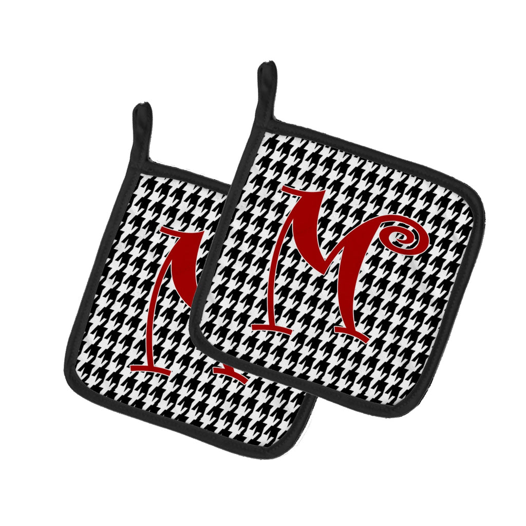 Letter M Initial Monogram - Houndstooth Black Pot Holder Set of 2 Heat Resistant Quilted Hot Pads 7.5 x 7.5 Inch, Insulated Kitchen Trivets for Cooking & Baking
