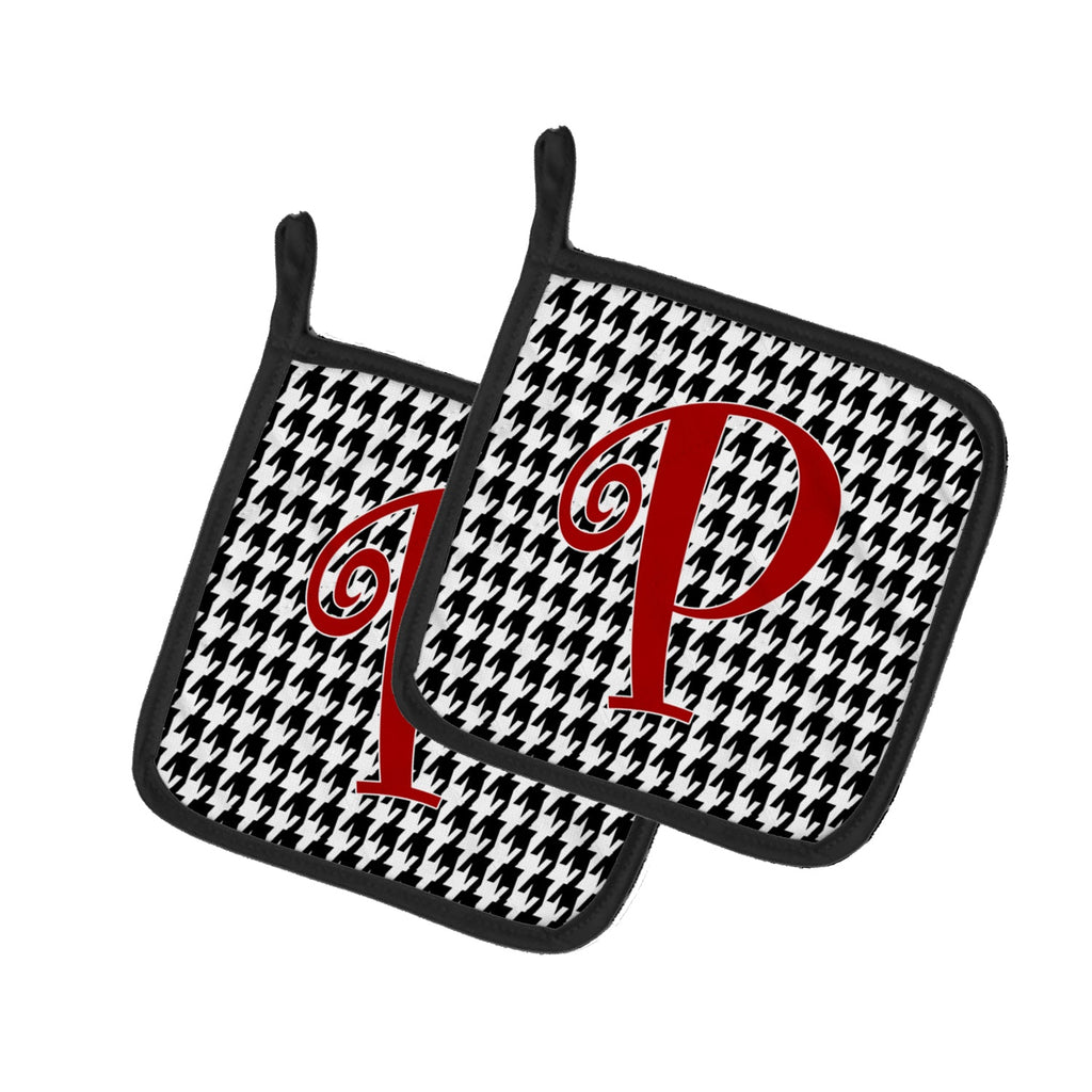 Letter P Initial Monogram - Houndstooth Black Pot Holder Set of 2 Heat Resistant Quilted Hot Pads 7.5 x 7.5 Inch, Insulated Kitchen Trivets for Cooking & Baking