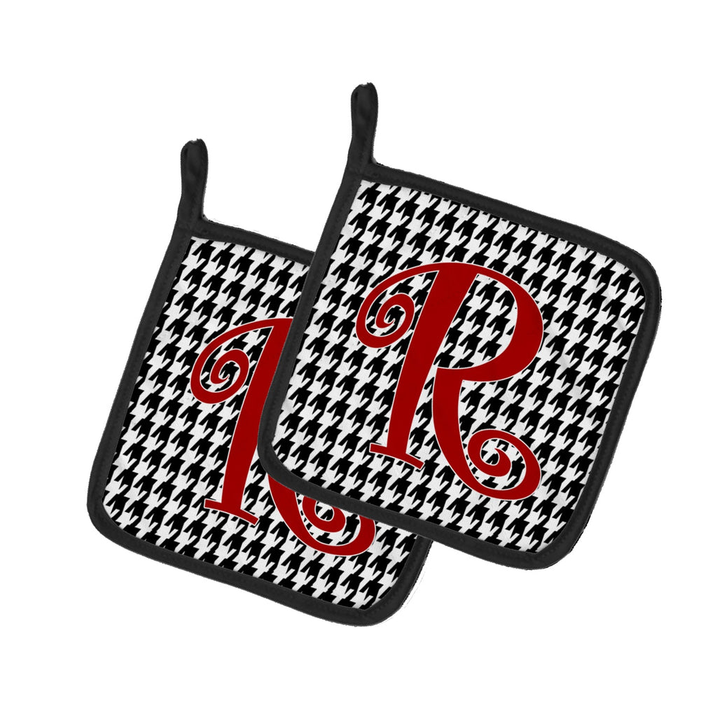 Letter R Initial Monogram - Houndstooth Black Pot Holder Set of 2 Heat Resistant Quilted Hot Pads 7.5 x 7.5 Inch, Insulated Kitchen Trivets for Cooking & Baking