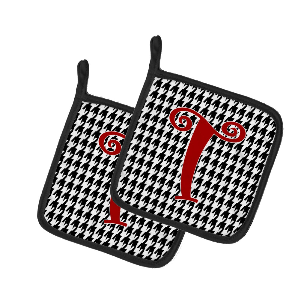 Letter T Initial Monogram - Houndstooth Black Pot Holder Set of 2 Heat Resistant Quilted Hot Pads 7.5 x 7.5 Inch, Insulated Kitchen Trivets for Cooking & Baking