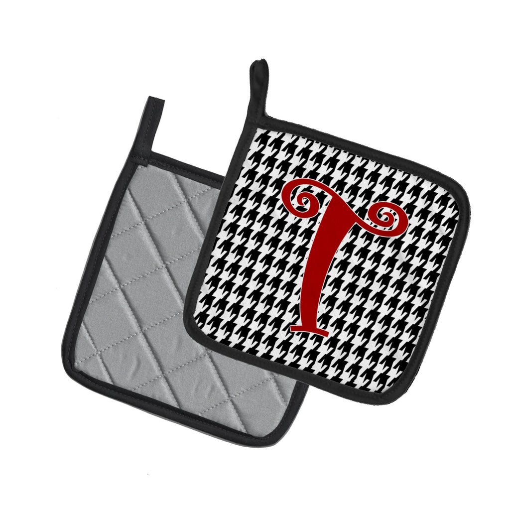 Letter T Initial Monogram - Houndstooth Black Pot Holder Set of 2 Heat Resistant Quilted Hot Pads 7.5 x 7.5 Inch, Insulated Kitchen Trivets for Cooking & Baking