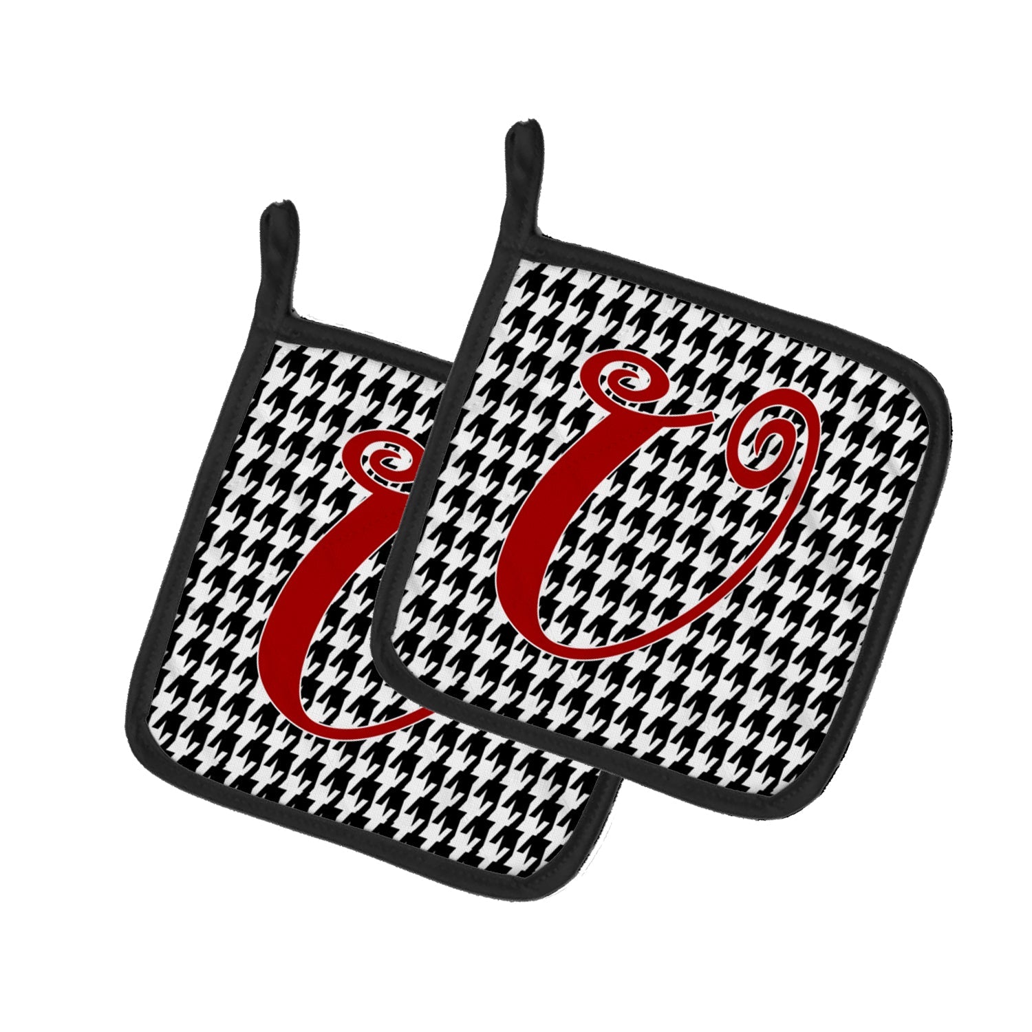 Letter U Initial Monogram - Houndstooth Black Pot Holder Set of 2 Heat Resistant Quilted Hot Pads 7.5 x 7.5 Inch, Insulated Kitchen Trivets for Cooking & Baking