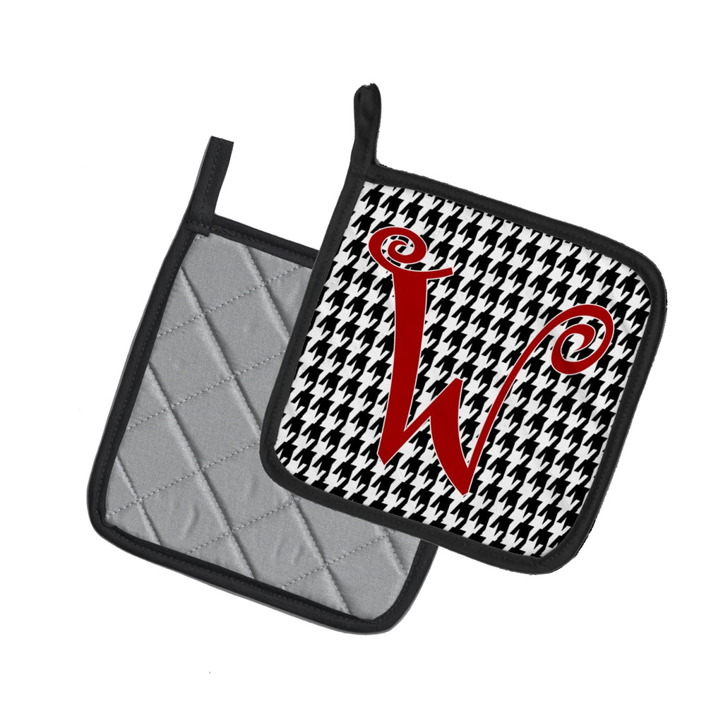 Letter W Initial Monogram - Houndstooth Black Pot Holder Set of 2 Heat Resistant Quilted Hot Pads 7.5 x 7.5 Inch, Insulated Kitchen Trivets for Cooking & Baking