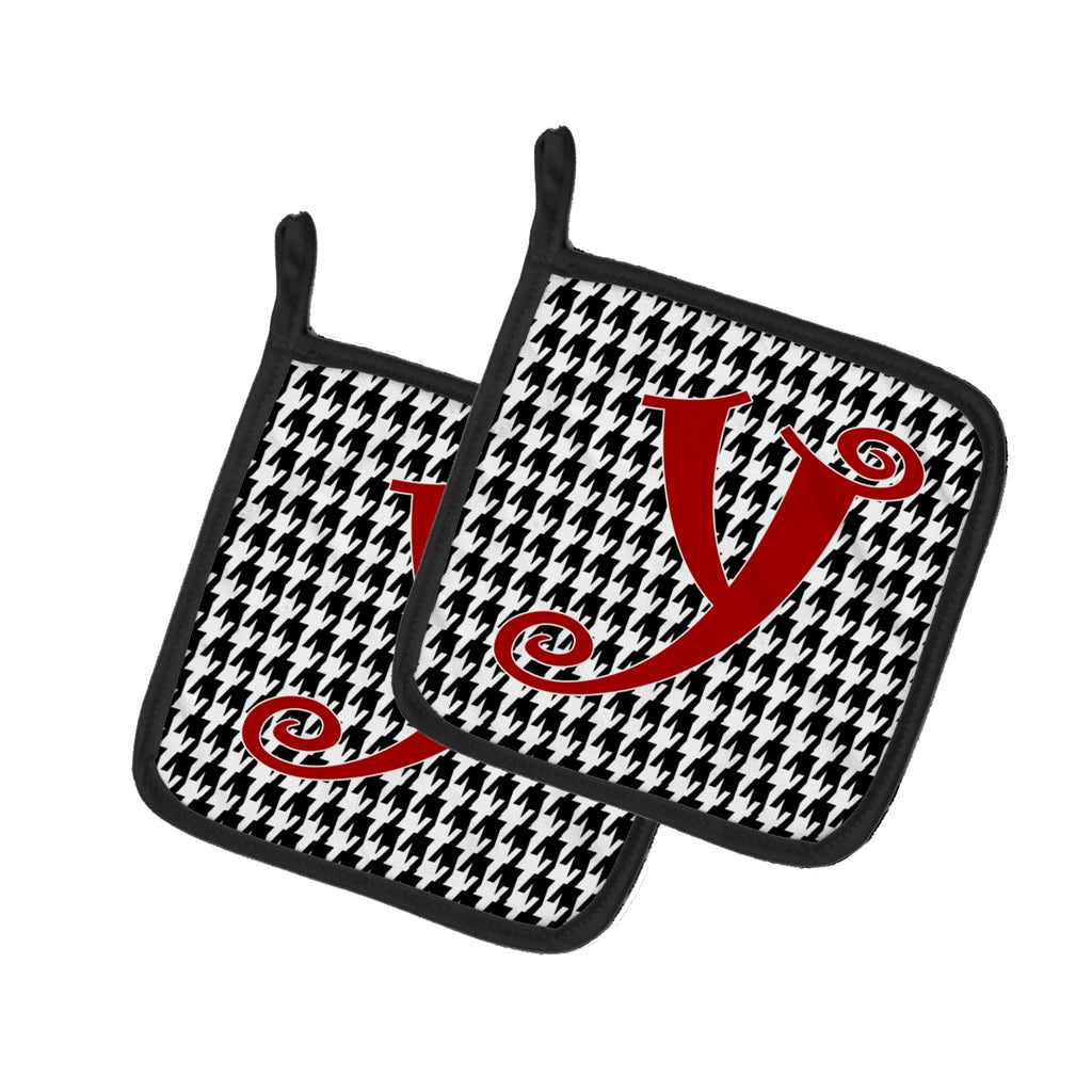 Letter Y Initial Monogram - Houndstooth Black Pot Holder Set of 2 Heat Resistant Quilted Hot Pads 7.5 x 7.5 Inch, Insulated Kitchen Trivets for Cooking & Baking