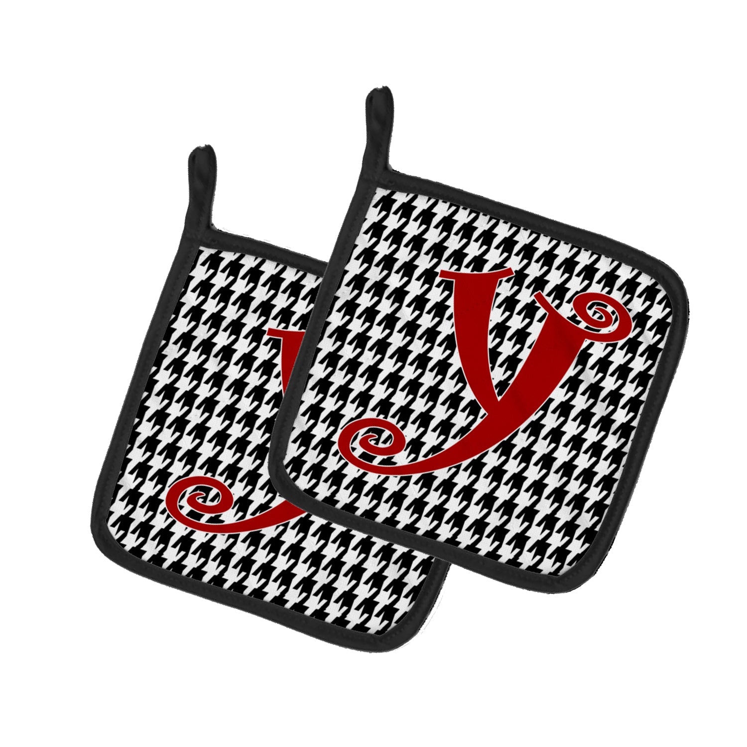 Letter Y Initial Monogram - Houndstooth Black Pot Holder Set of 2 Heat Resistant Quilted Hot Pads 7.5 x 7.5 Inch, Insulated Kitchen Trivets for Cooking & Baking