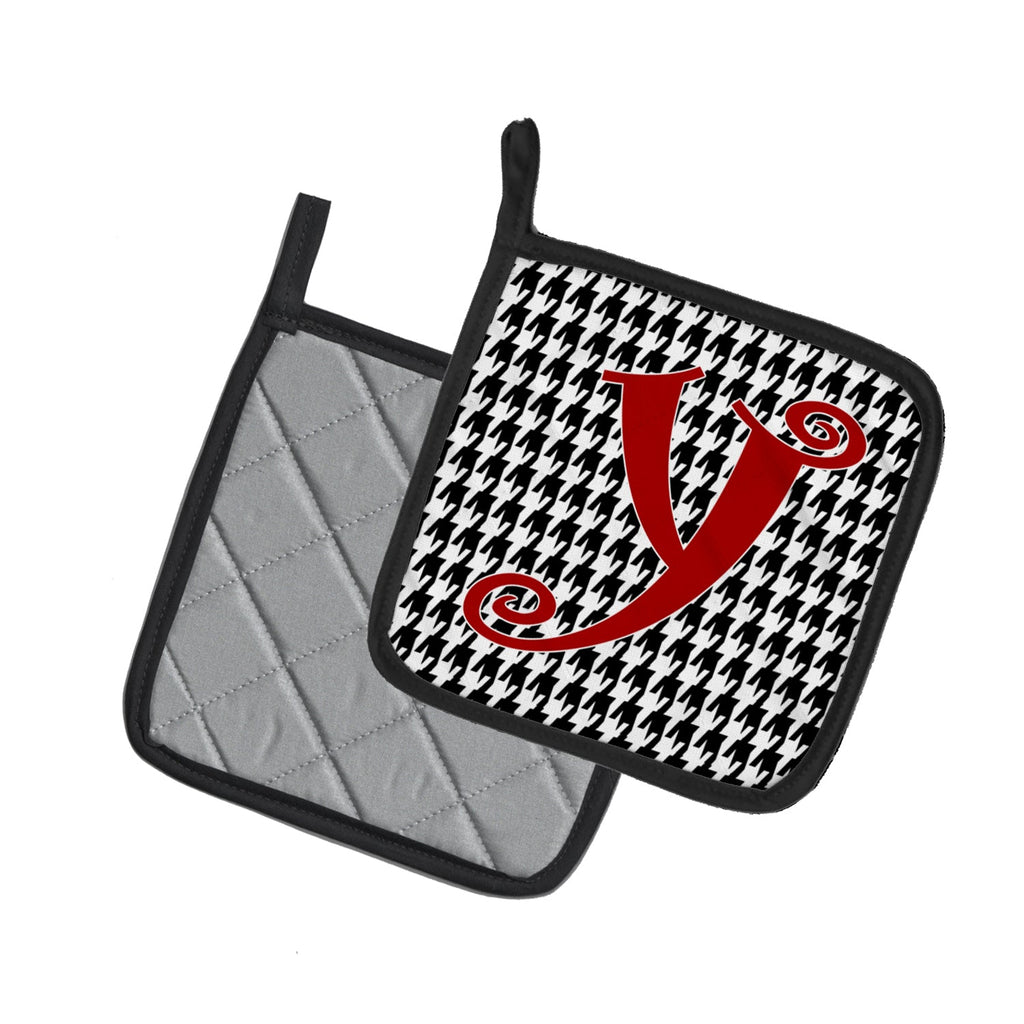 Letter Y Initial Monogram - Houndstooth Black Pot Holder Set of 2 Heat Resistant Quilted Hot Pads 7.5 x 7.5 Inch, Insulated Kitchen Trivets for Cooking & Baking