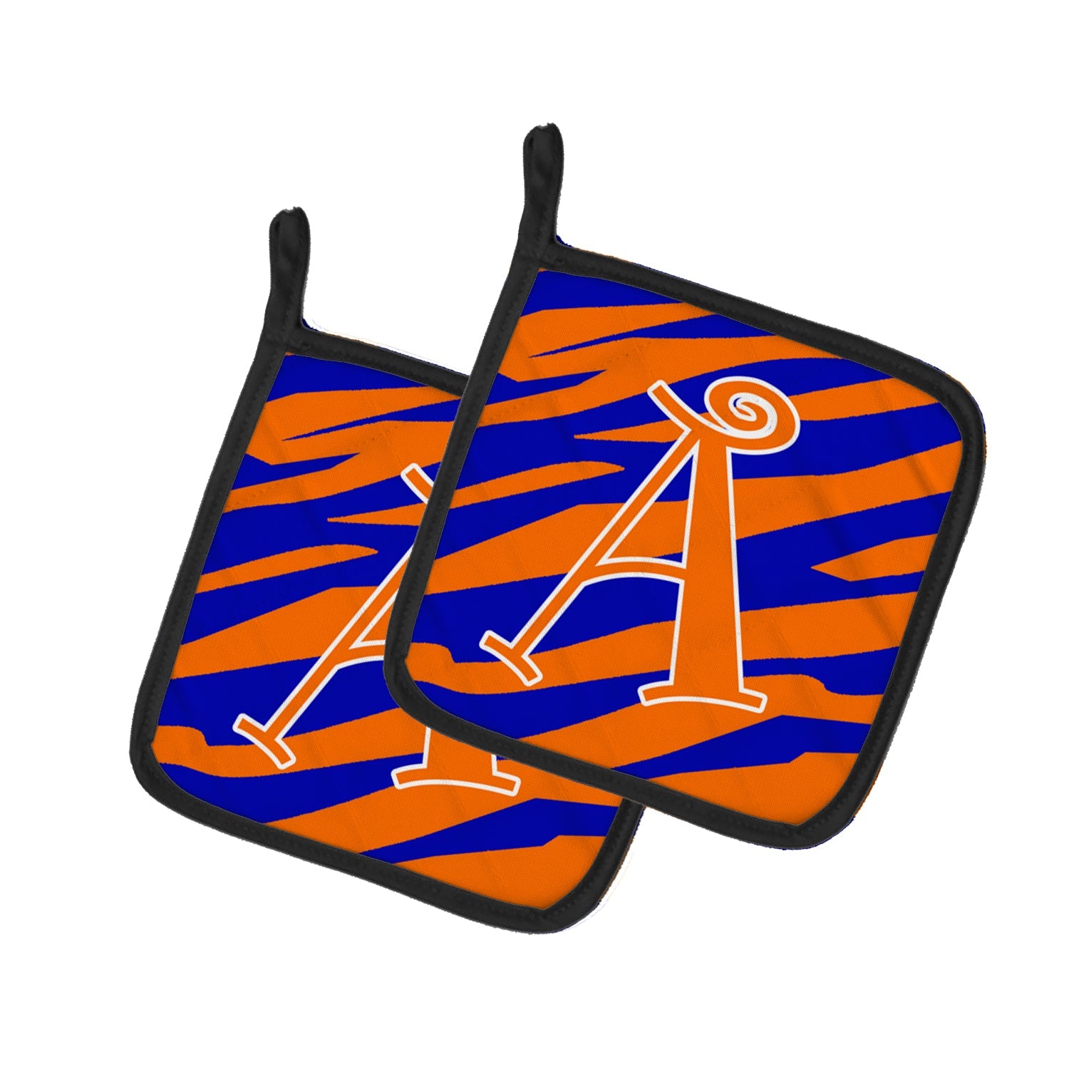 Letter A Monogram - Orange Blue Tiger Stripe Pot Holder Set of 2 Heat Resistant Quilted Hot Pads 7.5 x 7.5 Inch, Insulated Kitchen Trivets for Cooking & Baking