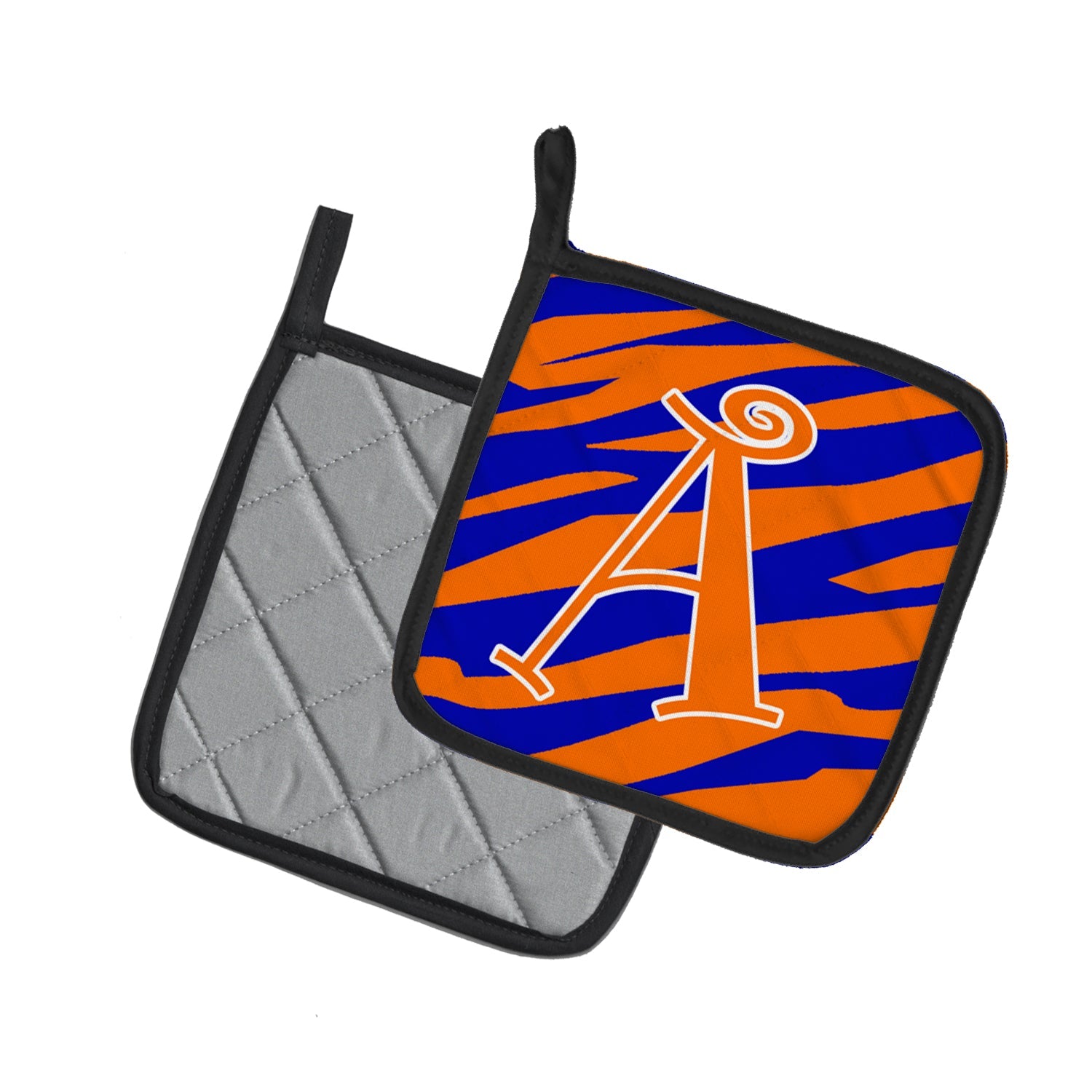 Letter A Monogram - Orange Blue Tiger Stripe Pot Holder Set of 2 Heat Resistant Quilted Hot Pads 7.5 x 7.5 Inch, Insulated Kitchen Trivets for Cooking & Baking