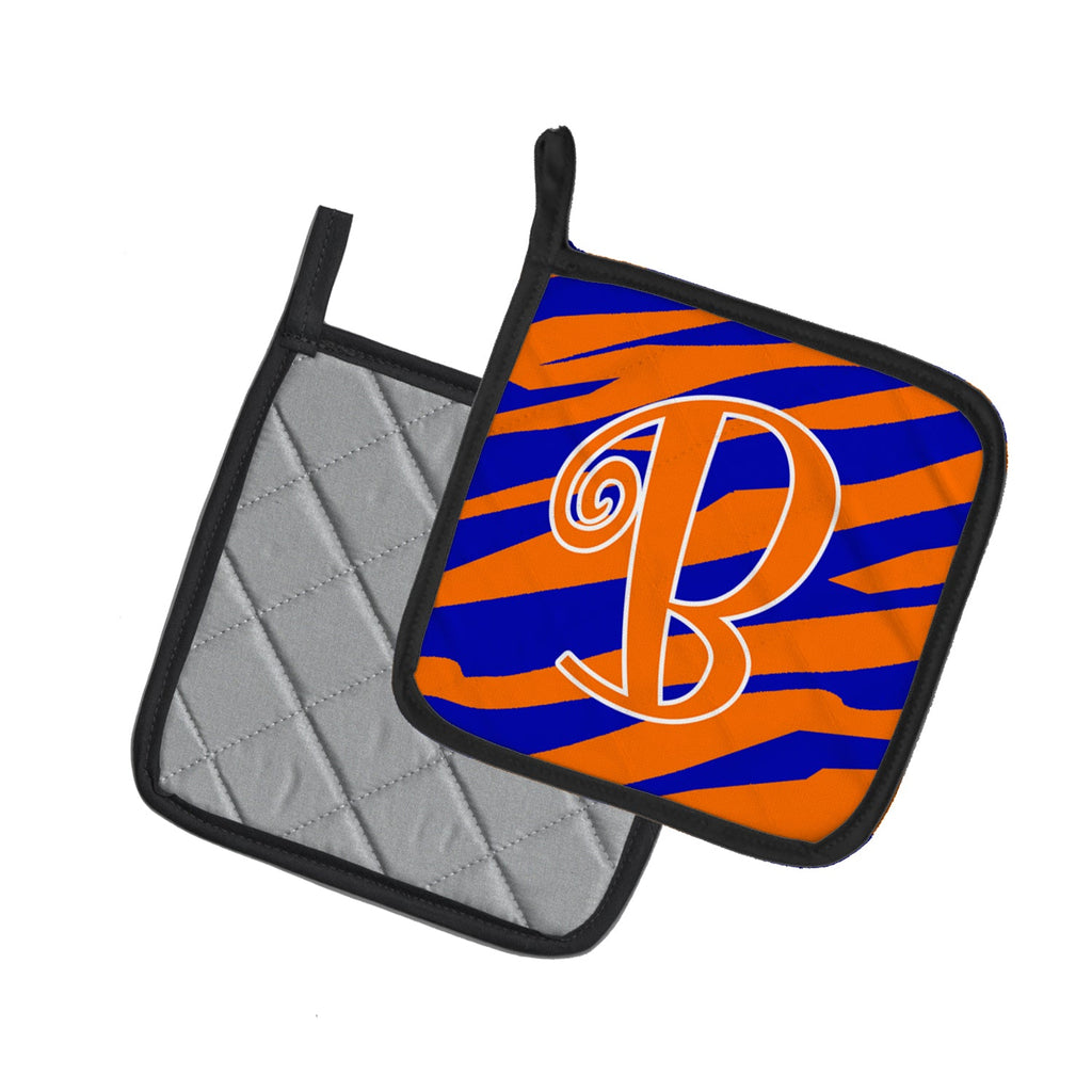 Letter B Initial Tiger Stripe Blue and Orange Pot Holder Set of 2 Heat Resistant Quilted Hot Pads 7.5 x 7.5 Inch, Insulated Kitchen Trivets for Cooking & Baking