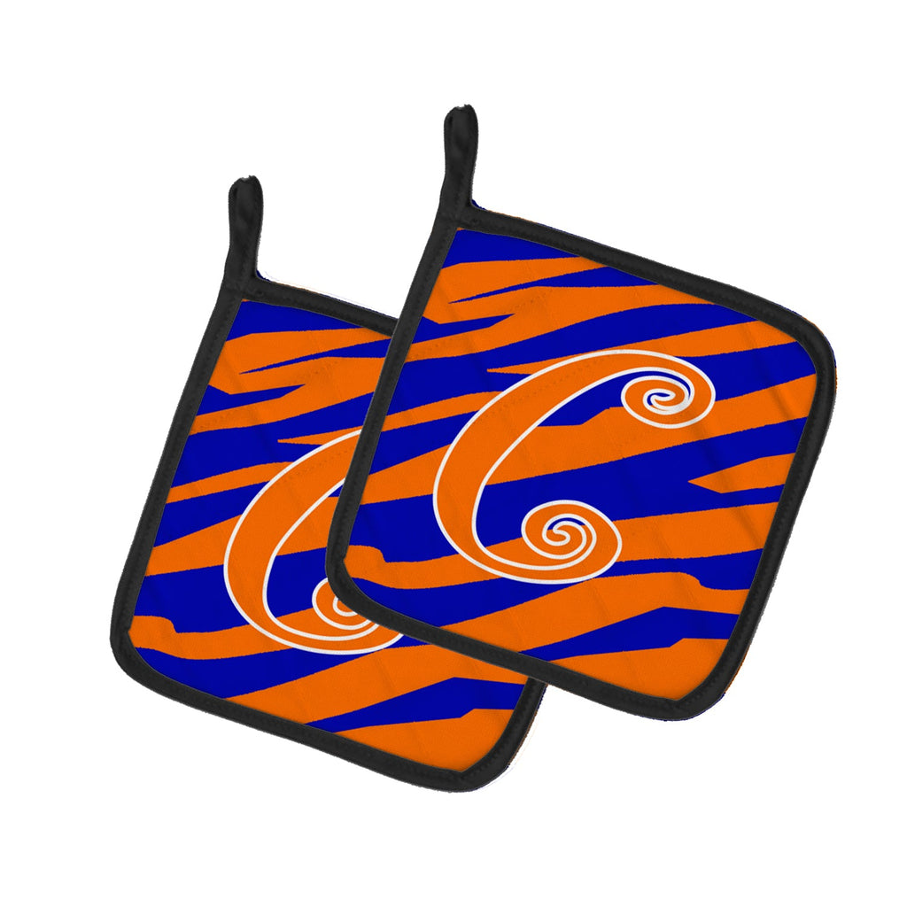 Letter C Initial Tiger Stripe Blue and Orange Pot Holder Set of 2 Heat Resistant Quilted Hot Pads 7.5 x 7.5 Inch, Insulated Kitchen Trivets for Cooking & Baking