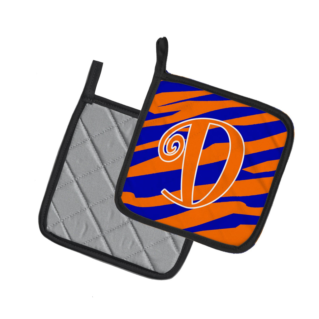 Letter D Initial Tiger Stripe Blue and Orange Pot Holder Set of 2 Heat Resistant Quilted Hot Pads 7.5 x 7.5 Inch, Insulated Kitchen Trivets for Cooking & Baking