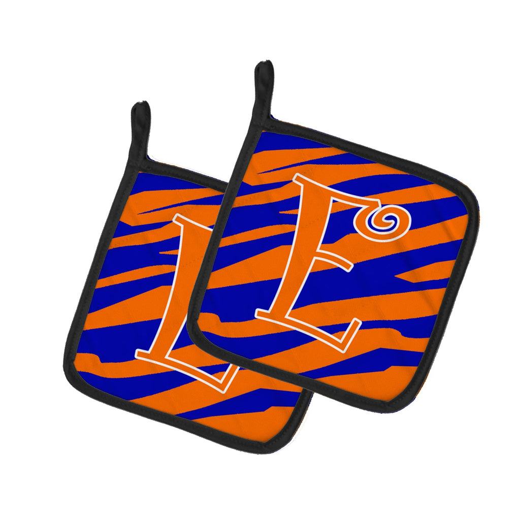 Letter E Initial Tiger Stripe Blue and Orange Pot Holder Set of 2 Heat Resistant Quilted Hot Pads 7.5 x 7.5 Inch, Insulated Kitchen Trivets for Cooking & Baking