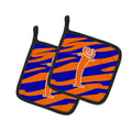 Letter I Initial Tiger Stripe Blue and Orange Pot Holder Set of 2 Heat Resistant Quilted Hot Pads 7.5 x 7.5 Inch, Insulated Kitchen Trivets for Cooking & Baking