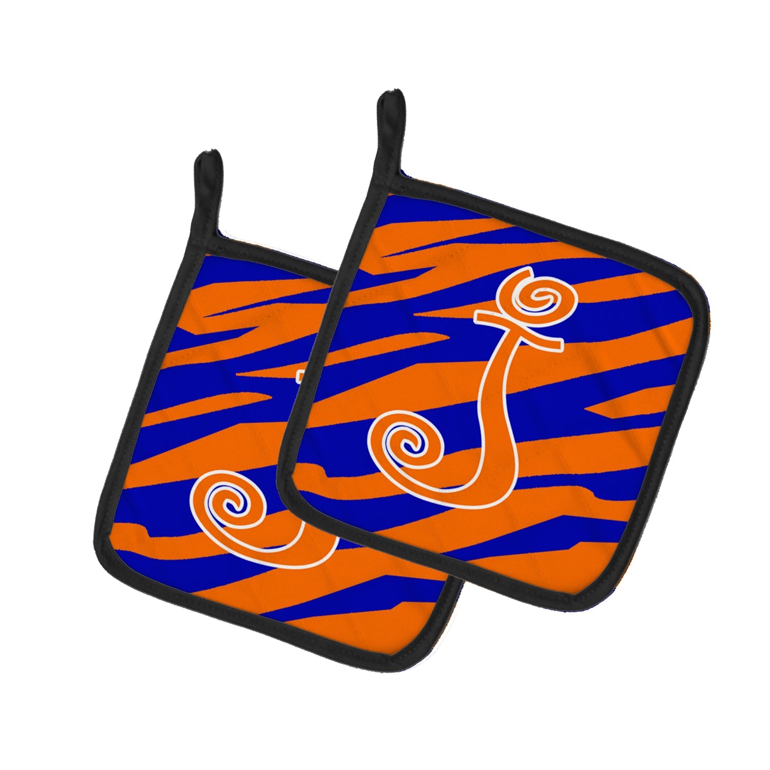 Letter J Initial Tiger Stripe Blue and Orange Pot Holder Set of 2 Heat Resistant Quilted Hot Pads 7.5 x 7.5 Inch, Insulated Kitchen Trivets for Cooking & Baking