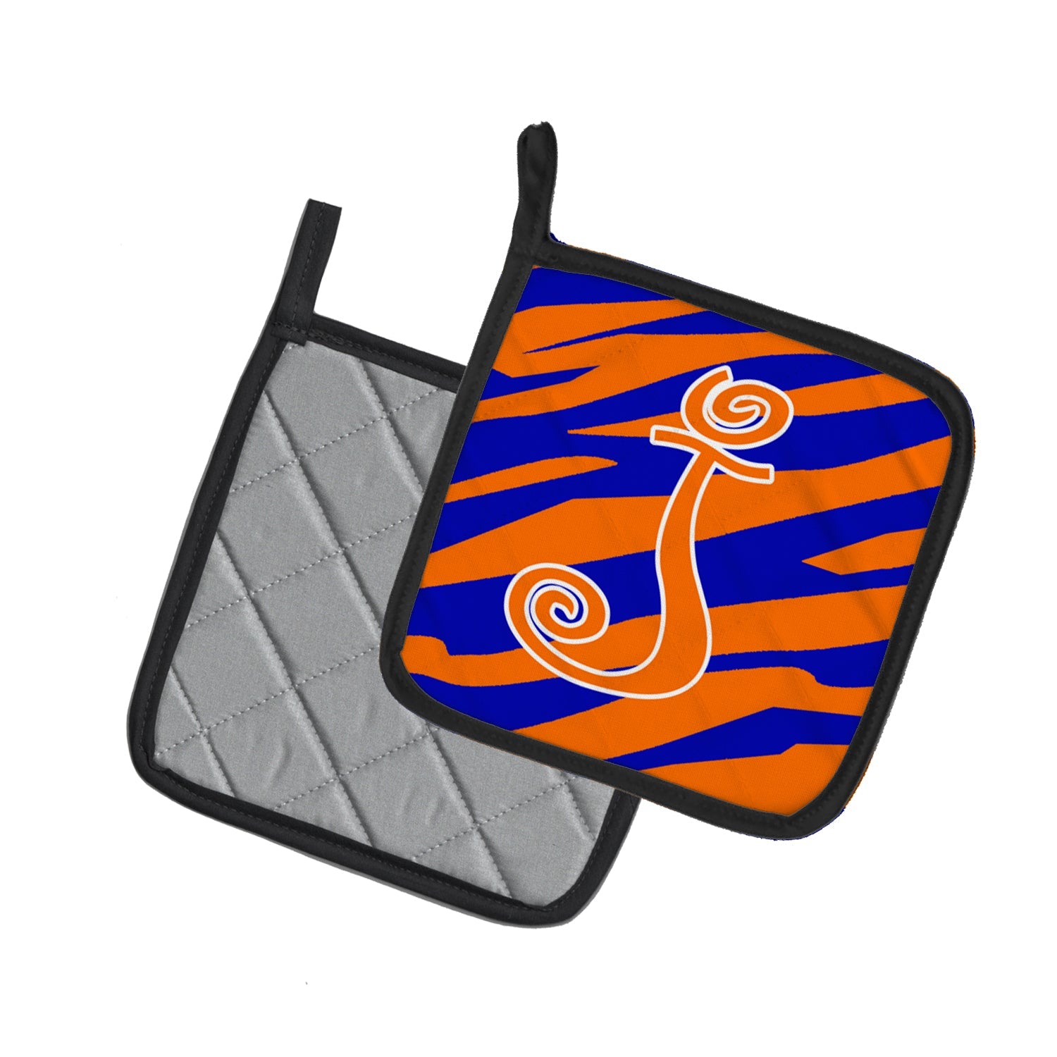 Letter J Initial Tiger Stripe Blue and Orange Pot Holder Set of 2 Heat Resistant Quilted Hot Pads 7.5 x 7.5 Inch, Insulated Kitchen Trivets for Cooking & Baking