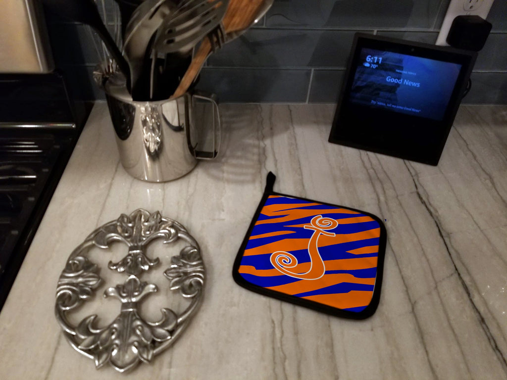 Letter J Initial Tiger Stripe Blue and Orange Pot Holder Set of 2 Heat Resistant Quilted Hot Pads 7.5 x 7.5 Inch, Insulated Kitchen Trivets for Cooking & Baking