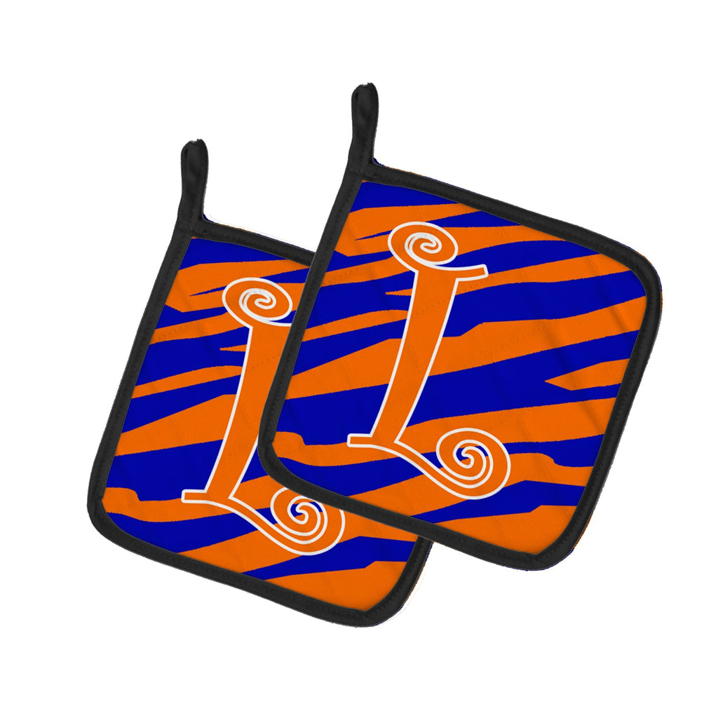 Letter L Initial Tiger Stripe Blue and Orange Pot Holder Set of 2 Heat Resistant Quilted Hot Pads 7.5 x 7.5 Inch, Insulated Kitchen Trivets for Cooking & Baking