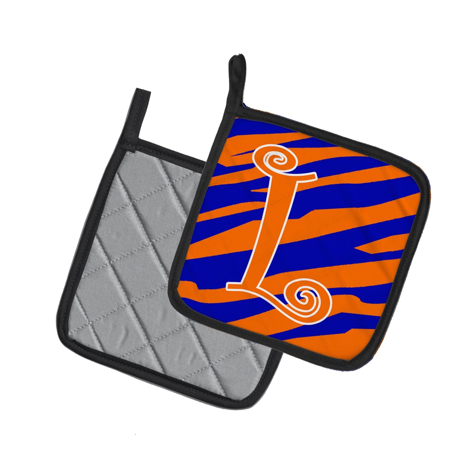Letter L Initial Tiger Stripe Blue and Orange Pot Holder Set of 2 Heat Resistant Quilted Hot Pads 7.5 x 7.5 Inch, Insulated Kitchen Trivets for Cooking & Baking