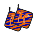 Letter M Initial Tiger Stripe Blue and Orange Pot Holder Set of 2 Heat Resistant Quilted Hot Pads 7.5 x 7.5 Inch, Insulated Kitchen Trivets for Cooking & Baking