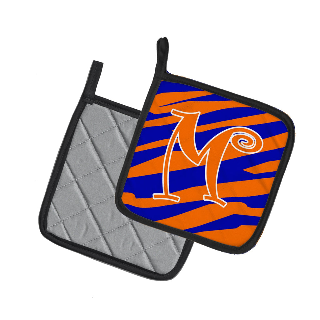 Letter M Initial Tiger Stripe Blue and Orange Pot Holder Set of 2 Heat Resistant Quilted Hot Pads 7.5 x 7.5 Inch, Insulated Kitchen Trivets for Cooking & Baking