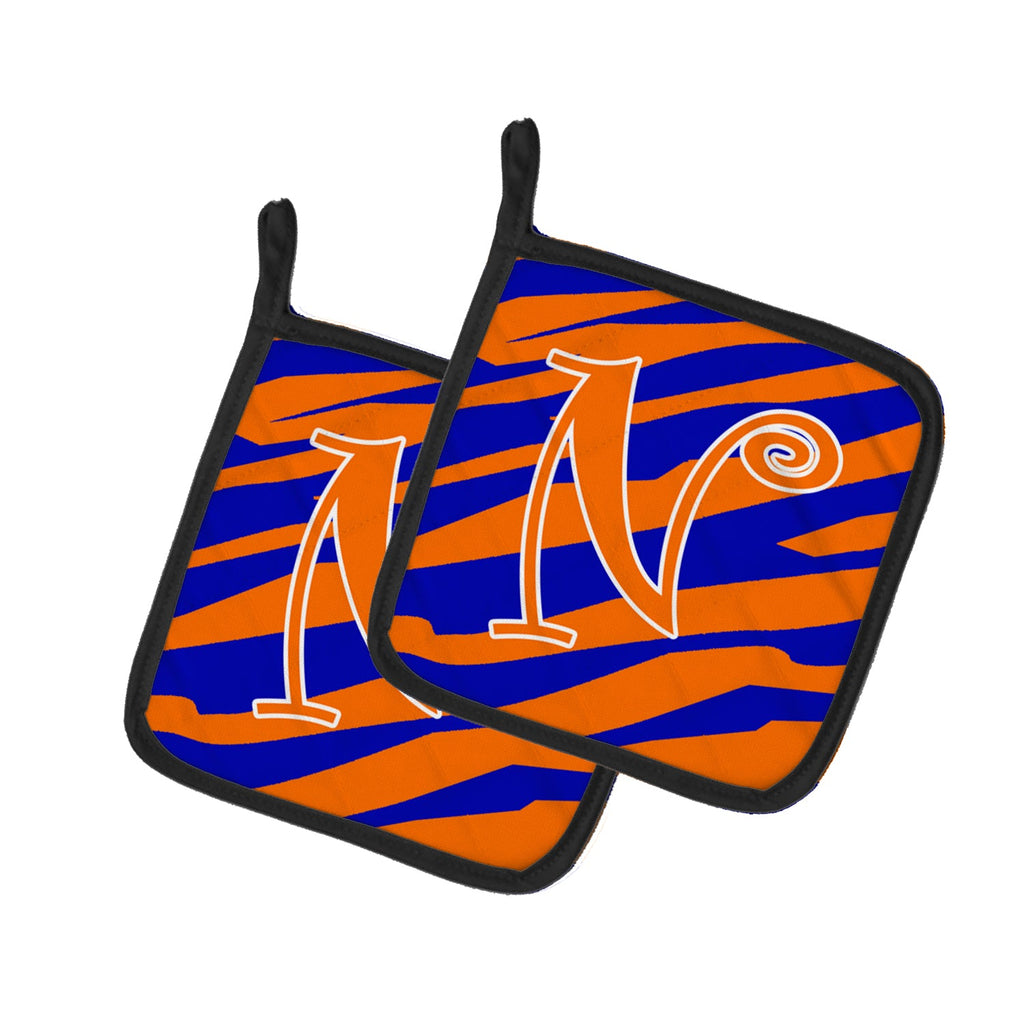Letter N Initial Tiger Stripe Blue and Orange Pot Holder Set of 2 Heat Resistant Quilted Hot Pads 7.5 x 7.5 Inch, Insulated Kitchen Trivets for Cooking & Baking