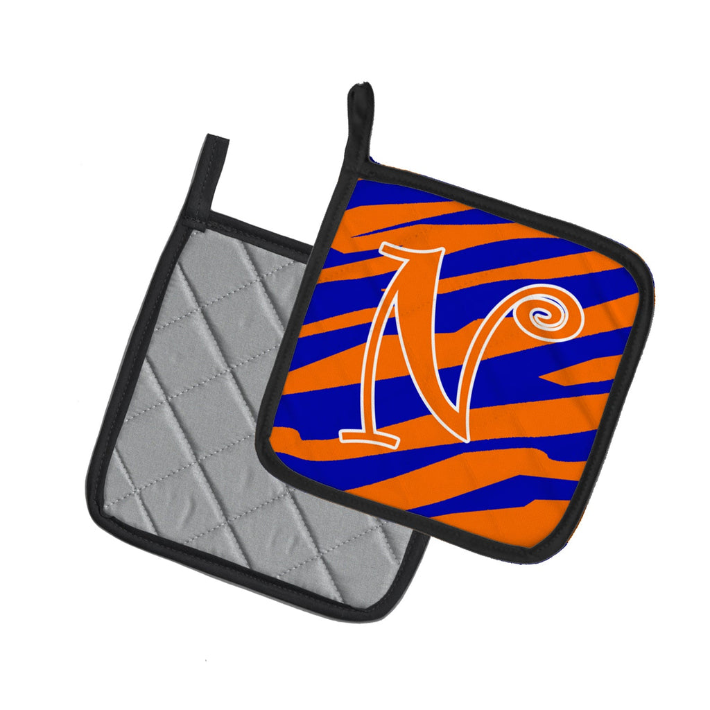 Letter N Initial Tiger Stripe Blue and Orange Pot Holder Set of 2 Heat Resistant Quilted Hot Pads 7.5 x 7.5 Inch, Insulated Kitchen Trivets for Cooking & Baking