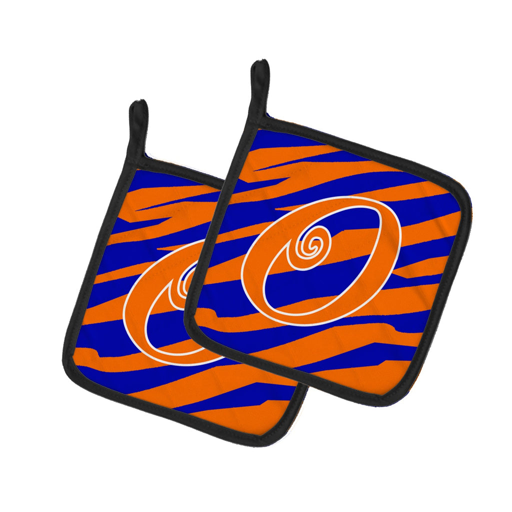 Letter O Initial Tiger Stripe Blue and Orange Pot Holder Set of 2 Heat Resistant Quilted Hot Pads 7.5 x 7.5 Inch, Insulated Kitchen Trivets for Cooking & Baking