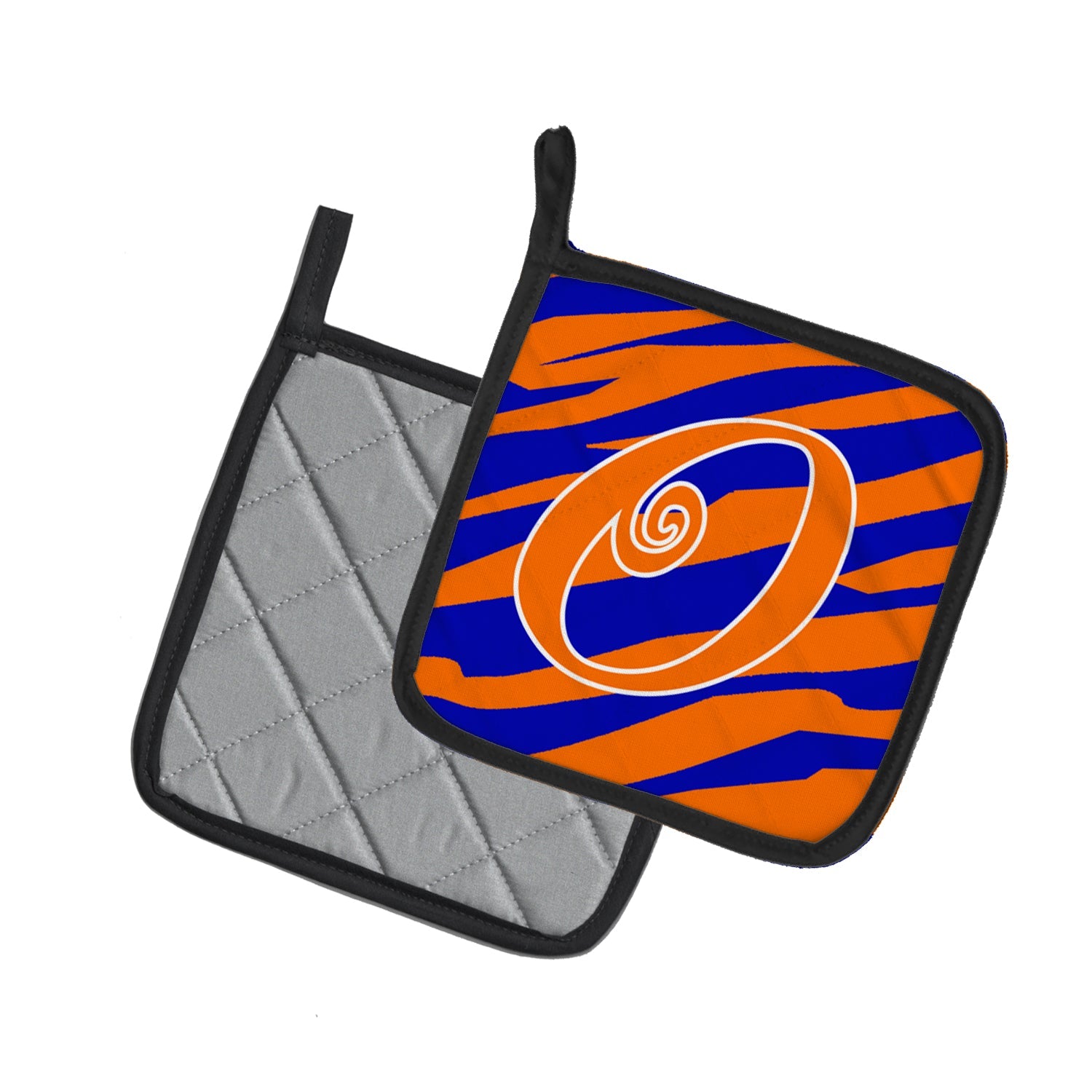 Letter O Initial Tiger Stripe Blue and Orange Pot Holder Set of 2 Heat Resistant Quilted Hot Pads 7.5 x 7.5 Inch, Insulated Kitchen Trivets for Cooking & Baking