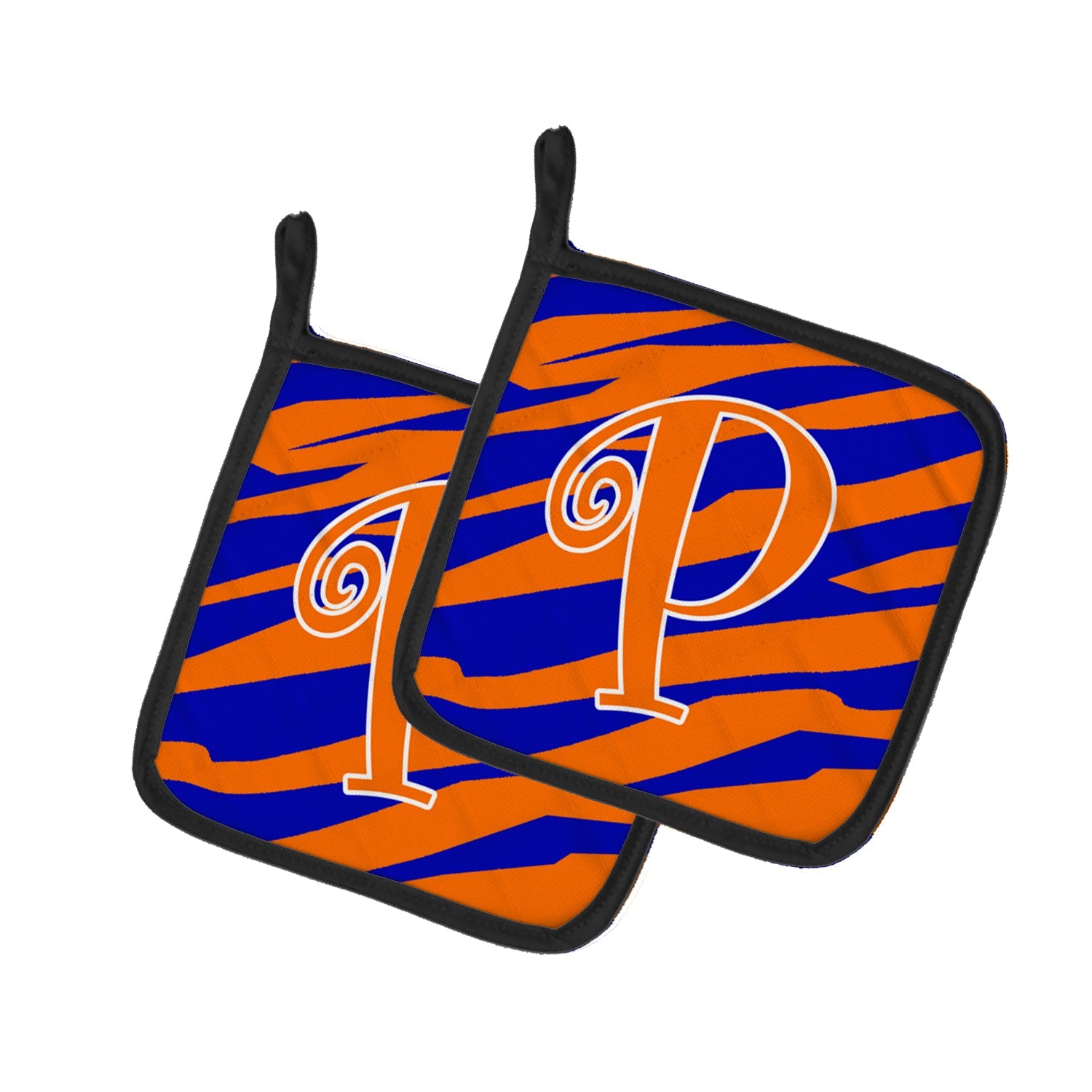 Letter P Initial Tiger Stripe Blue and Orange Pot Holder Set of 2 Heat Resistant Quilted Hot Pads 7.5 x 7.5 Inch, Insulated Kitchen Trivets for Cooking & Baking