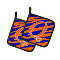 Letter Q Initial Tiger Stripe Blue and Orange Pot Holder Set of 2 Heat Resistant Quilted Hot Pads 7.5 x 7.5 Inch, Insulated Kitchen Trivets for Cooking & Baking