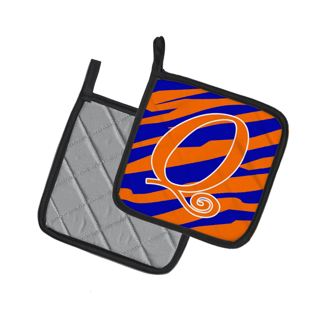 Letter Q Initial Tiger Stripe Blue and Orange Pot Holder Set of 2 Heat Resistant Quilted Hot Pads 7.5 x 7.5 Inch, Insulated Kitchen Trivets for Cooking & Baking