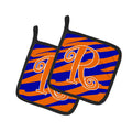 Letter R Initial  Tiger Stripe Blue and Orange Pot Holder Set of 2 Heat Resistant Quilted Hot Pads 7.5 x 7.5 Inch, Insulated Kitchen Trivets for Cooking & Baking