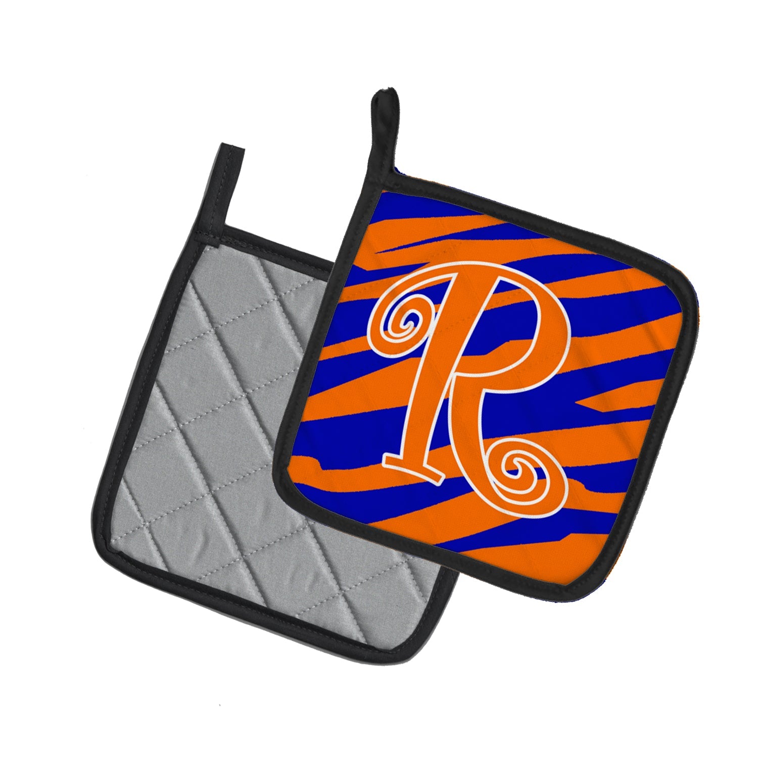 Letter R Initial  Tiger Stripe Blue and Orange Pot Holder Set of 2 Heat Resistant Quilted Hot Pads 7.5 x 7.5 Inch, Insulated Kitchen Trivets for Cooking & Baking