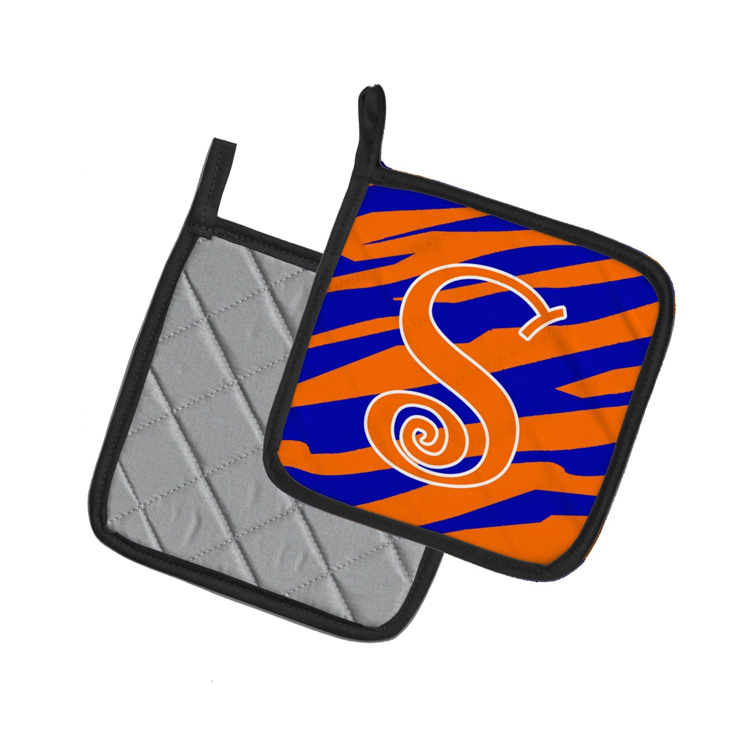 Letter S Initial  Tiger Stripe Blue and Orange Pot Holder Set of 2 Heat Resistant Quilted Hot Pads 7.5 x 7.5 Inch, Insulated Kitchen Trivets for Cooking & Baking