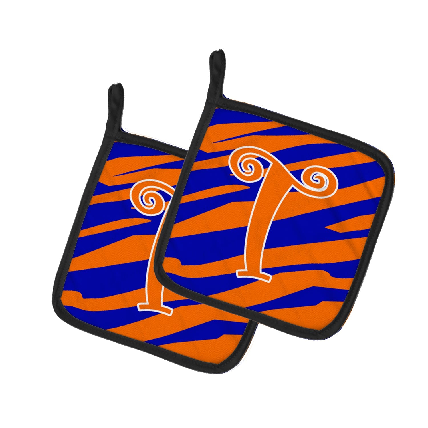 Letter T Initial  Tiger Stripe Blue and Orange Pot Holder Set of 2 Heat Resistant Quilted Hot Pads 7.5 x 7.5 Inch, Insulated Kitchen Trivets for Cooking & Baking