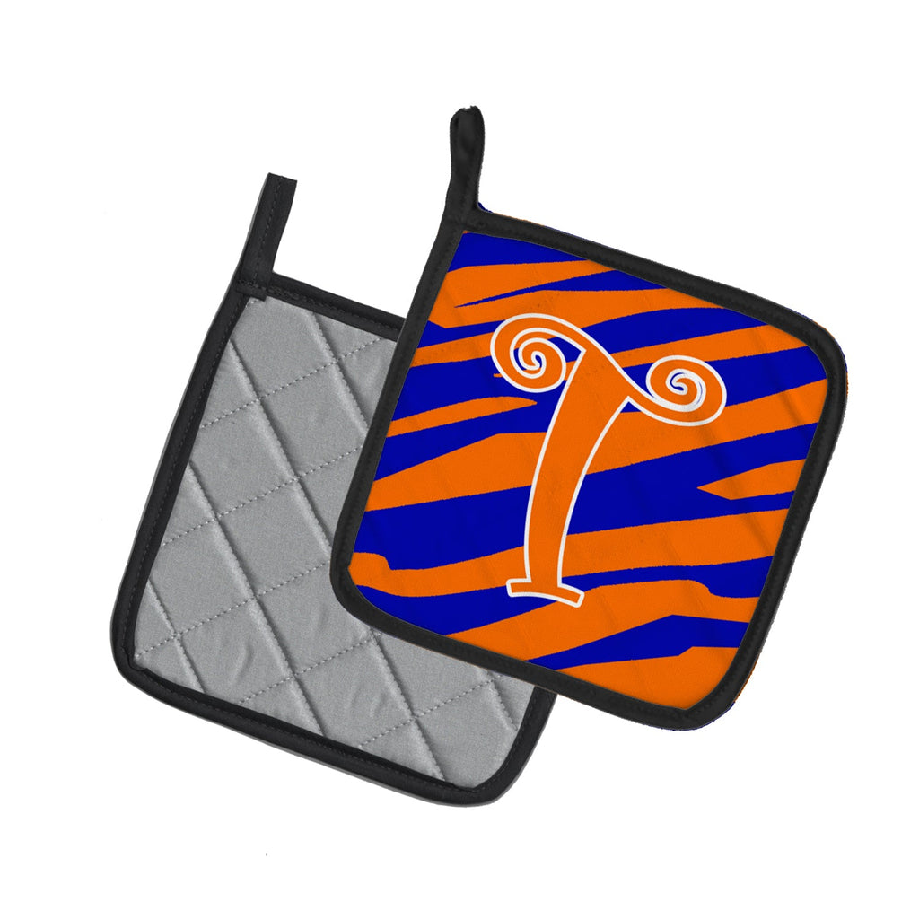 Letter T Initial  Tiger Stripe Blue and Orange Pot Holder Set of 2 Heat Resistant Quilted Hot Pads 7.5 x 7.5 Inch, Insulated Kitchen Trivets for Cooking & Baking