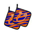 Letter U Initial  Tiger Stripe Blue and Orange Pot Holder Set of 2 Heat Resistant Quilted Hot Pads 7.5 x 7.5 Inch, Insulated Kitchen Trivets for Cooking & Baking