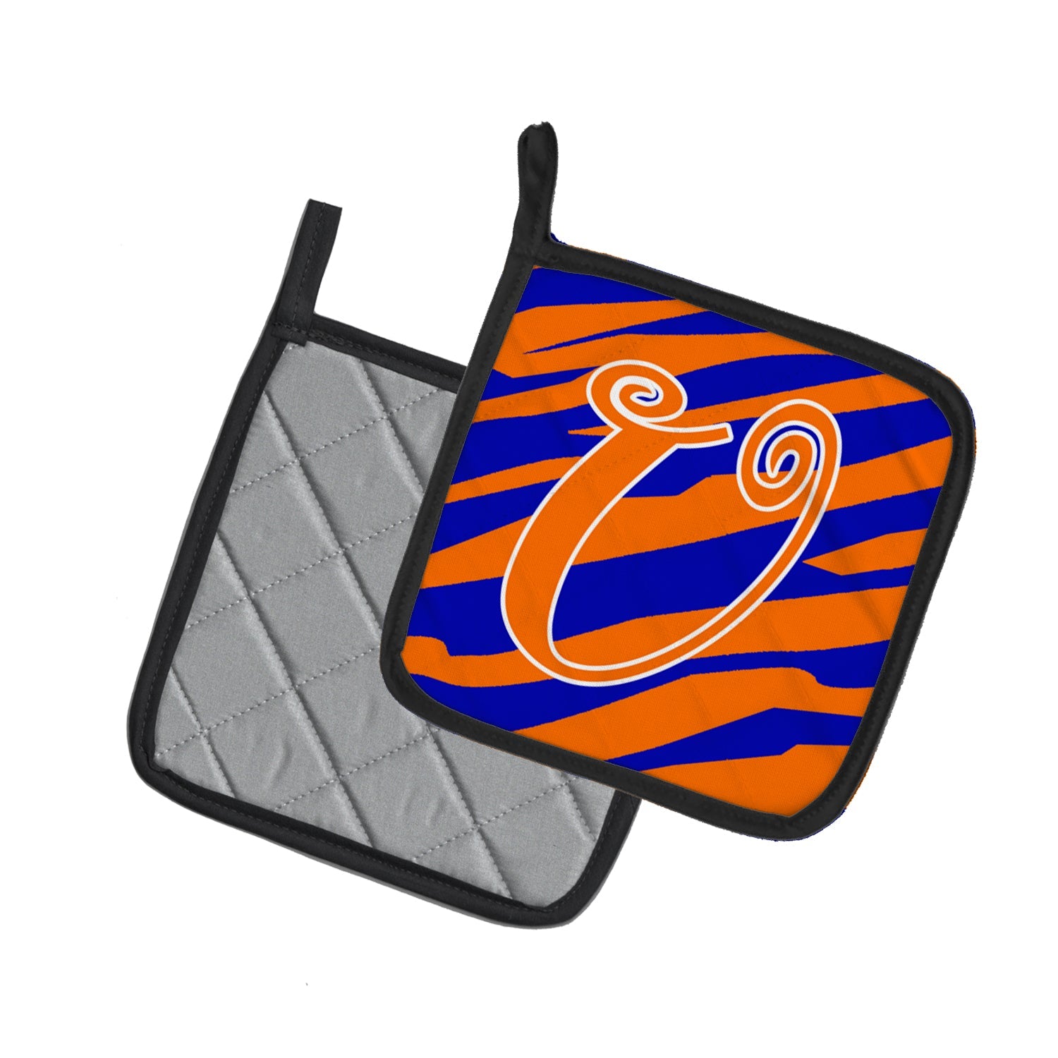Letter U Initial  Tiger Stripe Blue and Orange Pot Holder Set of 2 Heat Resistant Quilted Hot Pads 7.5 x 7.5 Inch, Insulated Kitchen Trivets for Cooking & Baking