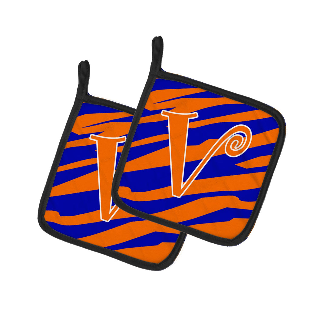 Letter V Initial  Tiger Stripe Blue and Orange Pot Holder Set of 2 Heat Resistant Quilted Hot Pads 7.5 x 7.5 Inch, Insulated Kitchen Trivets for Cooking & Baking