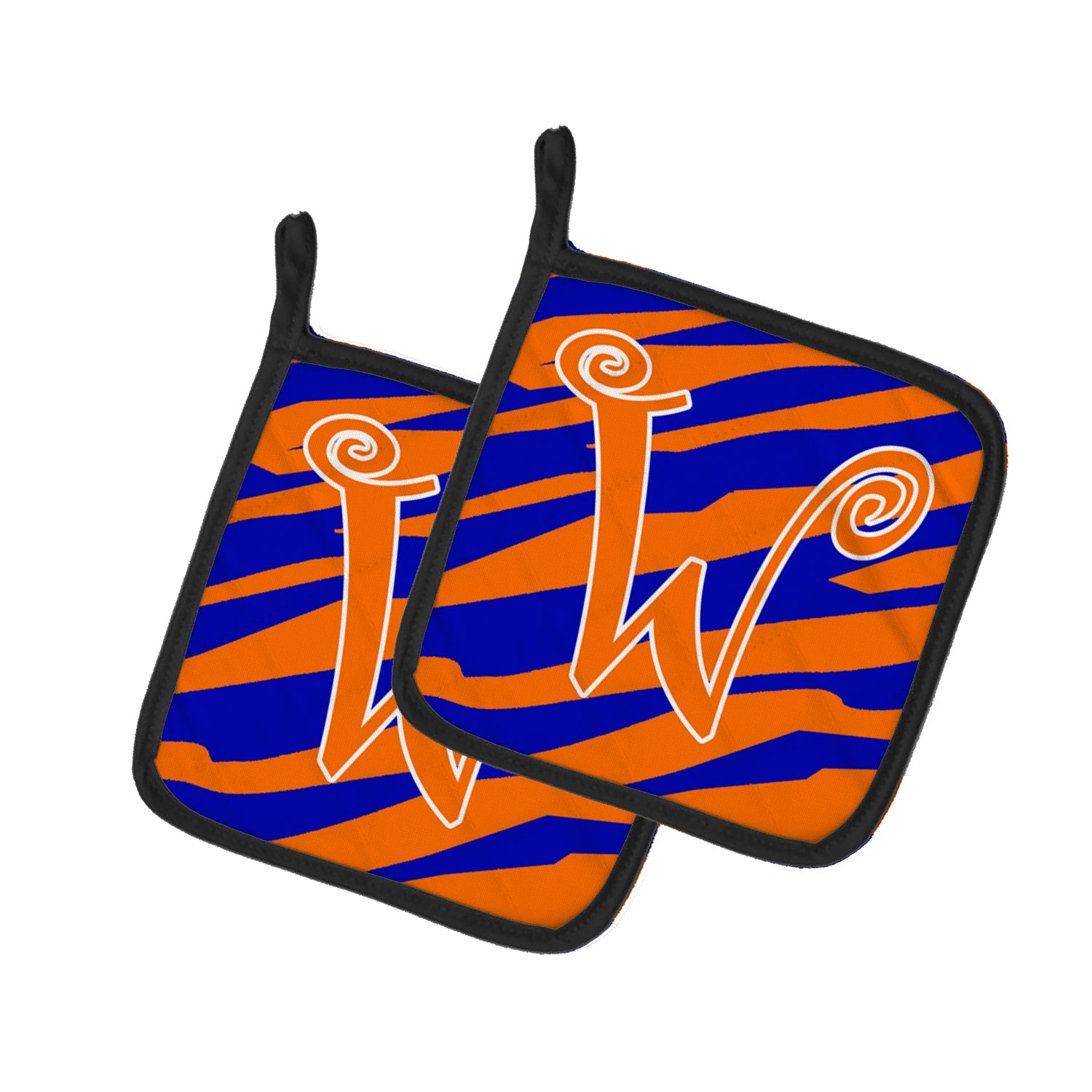 Letter W Initial  Tiger Stripe Blue and Orange Pot Holder Set of 2 Heat Resistant Quilted Hot Pads 7.5 x 7.5 Inch, Insulated Kitchen Trivets for Cooking & Baking